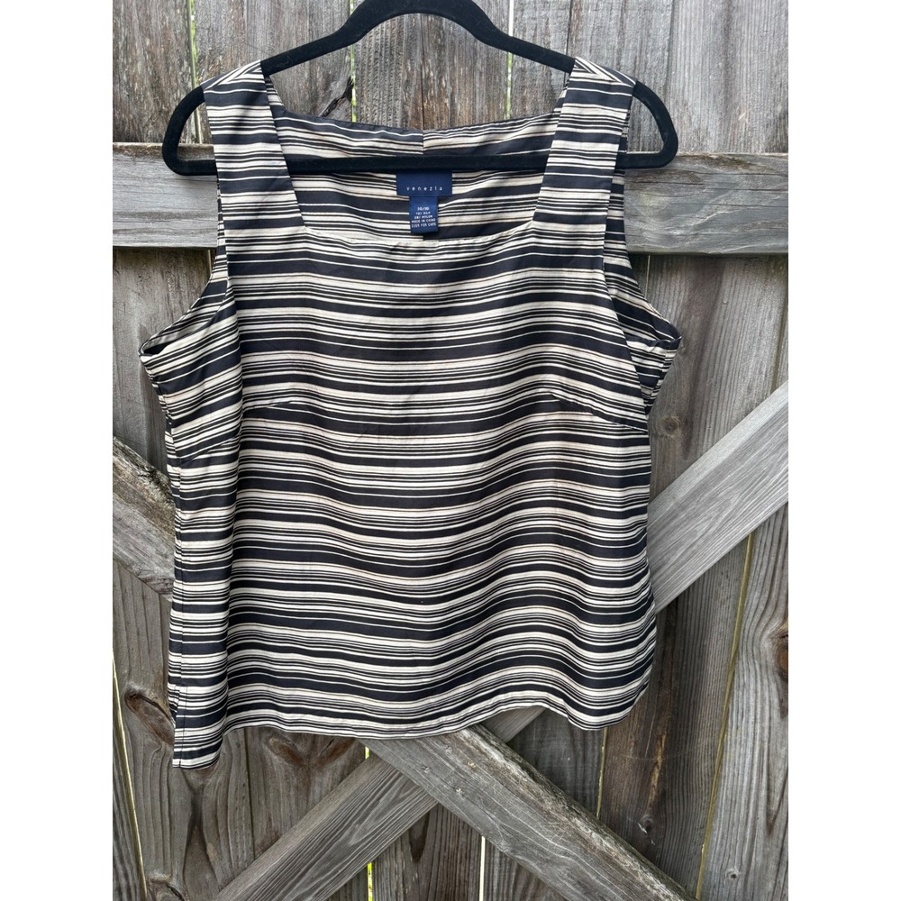 Venezia Silk Blend Striped Sleeveless Shell Top Black Cream Square Neck 14/16
